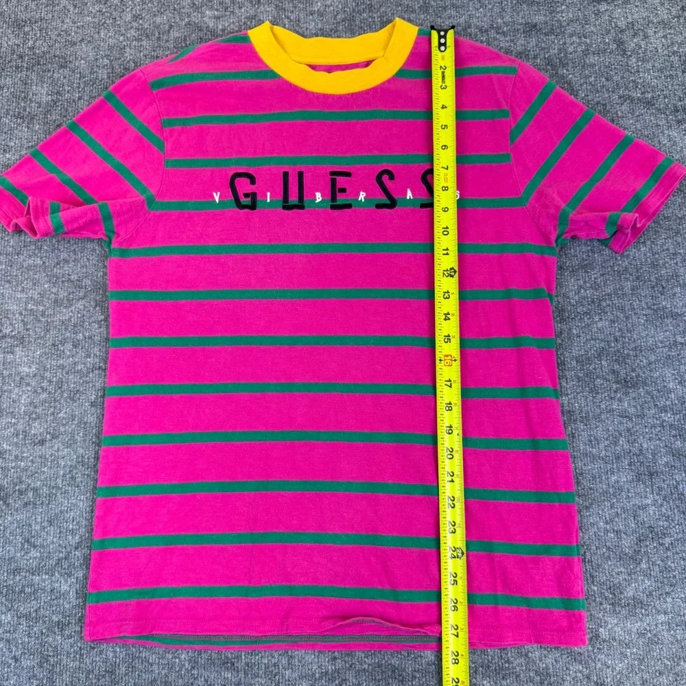 Guess x J Balvin Vibras Tour Striped T-Shirt Mens XS Pink Green Yellow Logo Tee